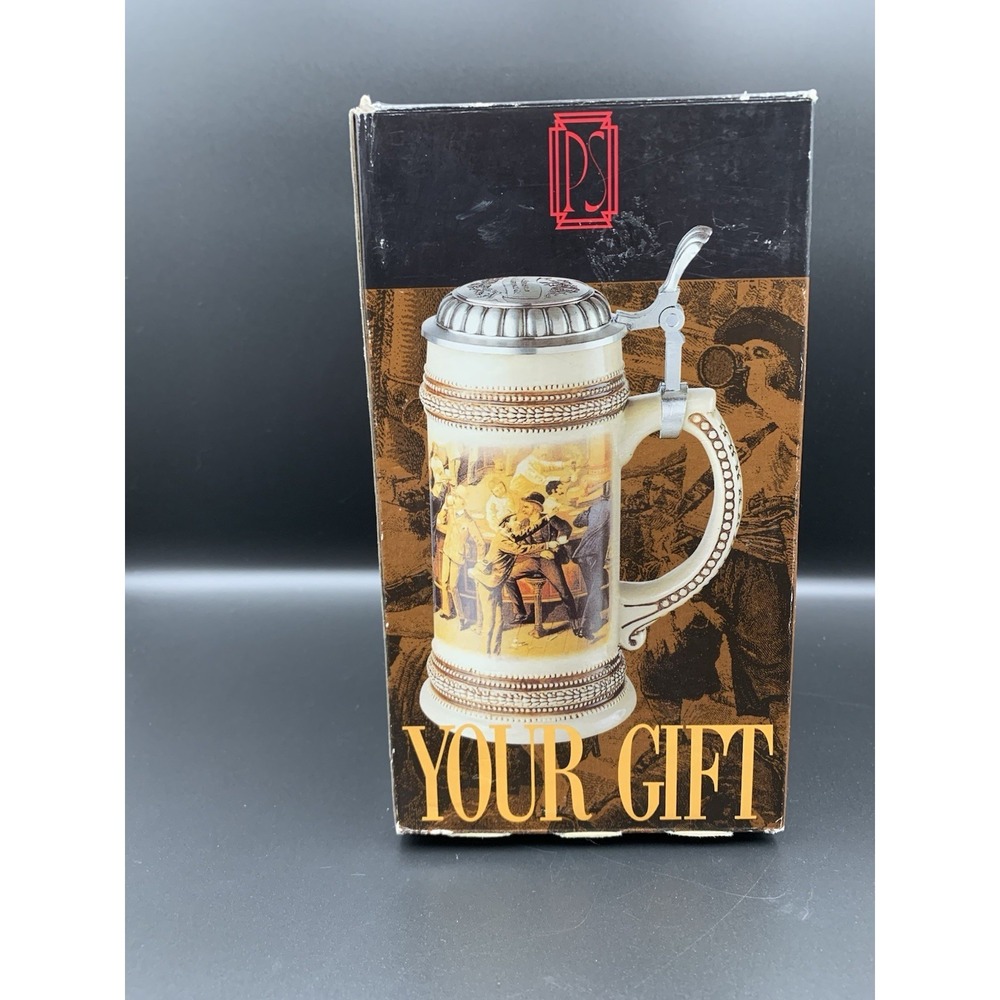 Vintage German beer with pewter lid Tavern scene decorative mug gift boxed 1999